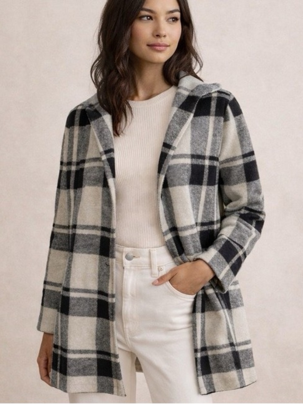 Anthropologie Field Flower Plaid Hooded 100% Wool Open Sweater Coat